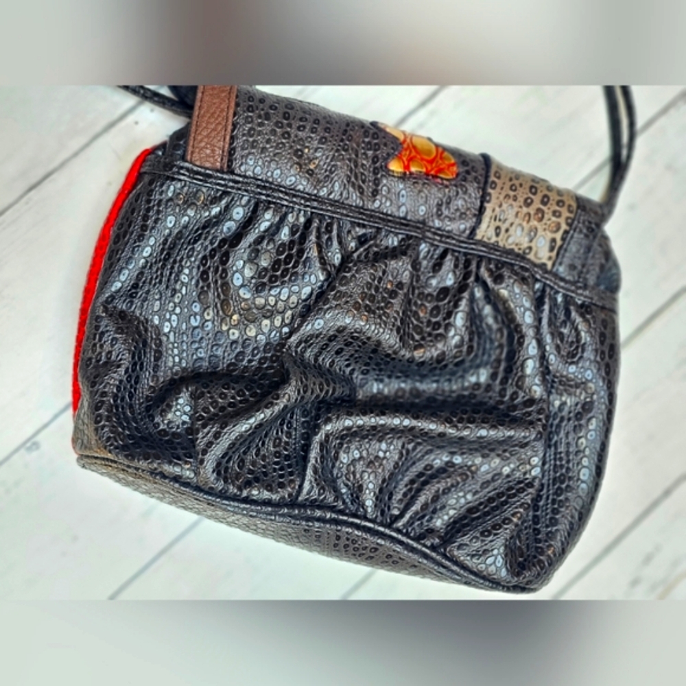 RARE Vintage NAS Alentino Black Leather Exotic Crossbody Purse Patchwork Gold - Picture 11 of 15